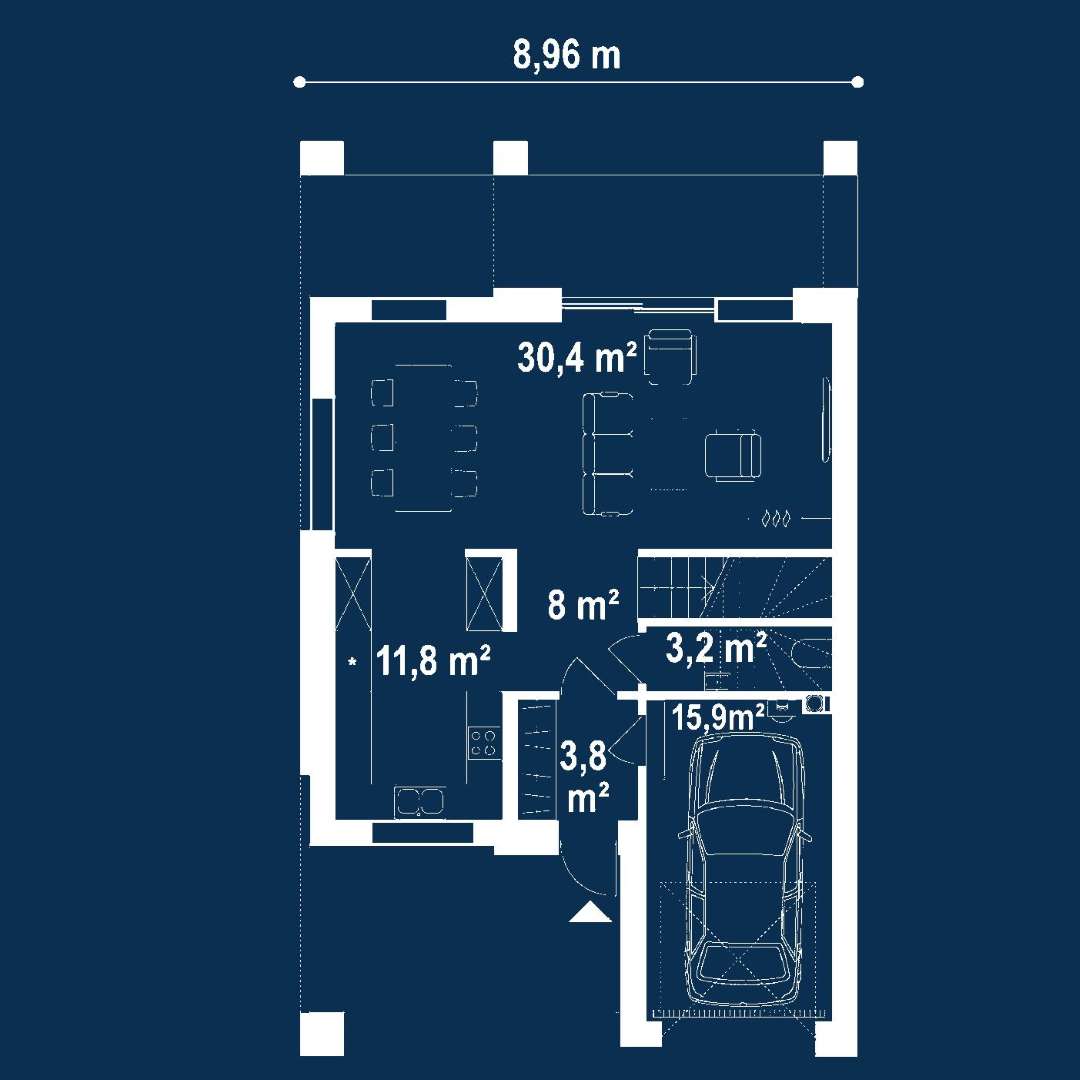 Plan parter Casă cu etaj 119 mp utili, un dormitor, 3 băi