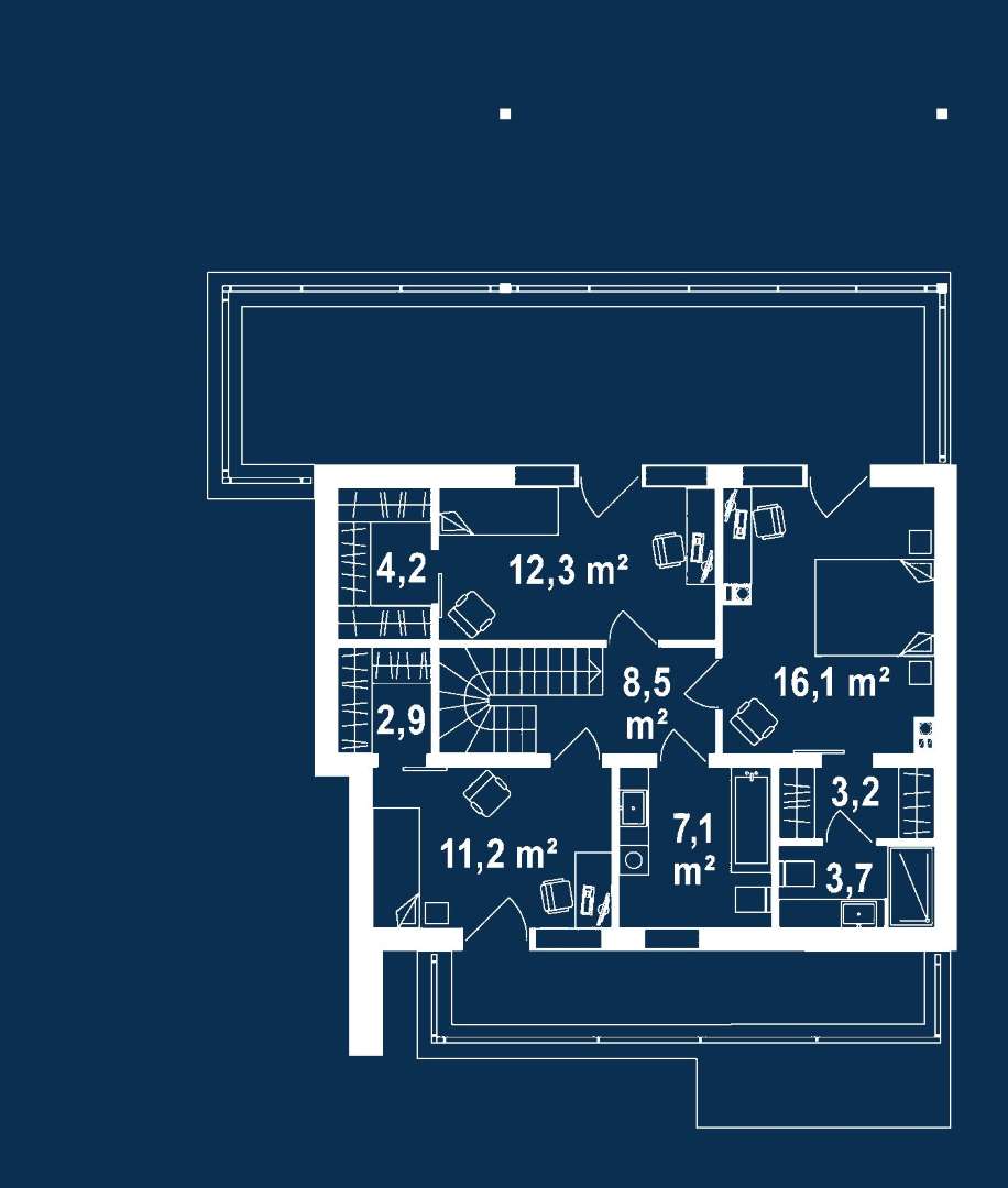 Plan etaj Casă cu etaj 141 mp utili, un dormitor, 3 băi