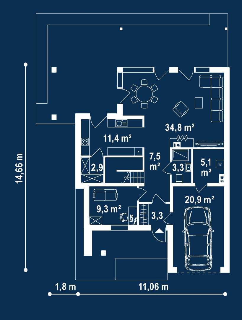 Plan parter Casă cu etaj 141 mp utili, un dormitor, 3 băi