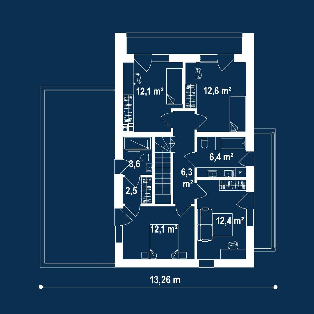 Plan etaj Casă cu etaj 128 mp utili, un dormitor, 2 băi