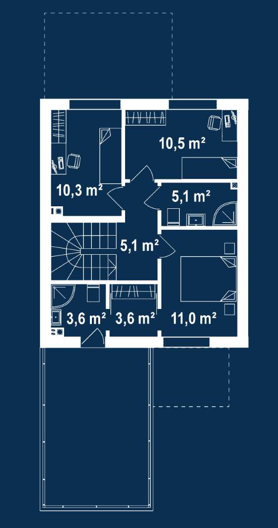 Plan etaj Casă cu etaj 97 mp utili, un dormitor, 2 băi