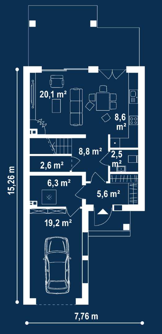 Plan parter Casă cu etaj 97 mp utili, un dormitor, 2 băi