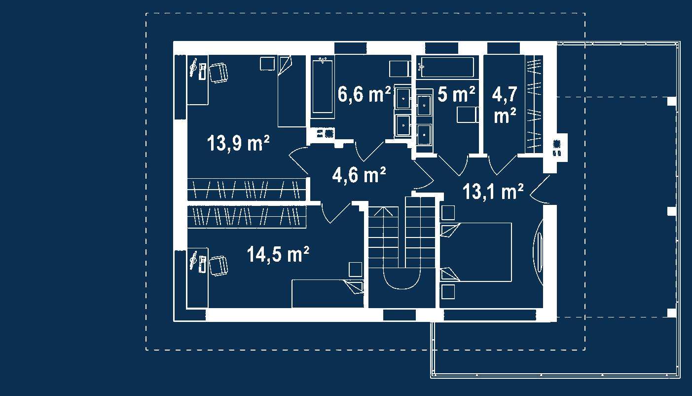 Plan etaj Casă cu etaj 122 mp utili, un dormitor, 3 băi