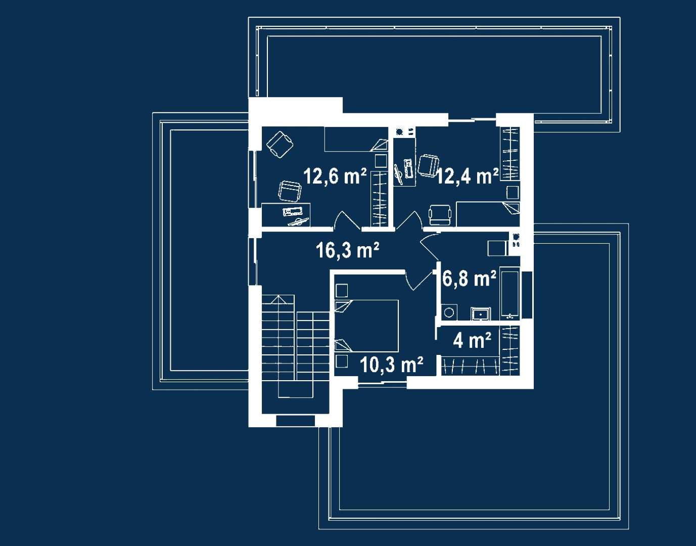 Plan etaj Casă cu etaj 135 mp utili, un dormitor, 2 băi