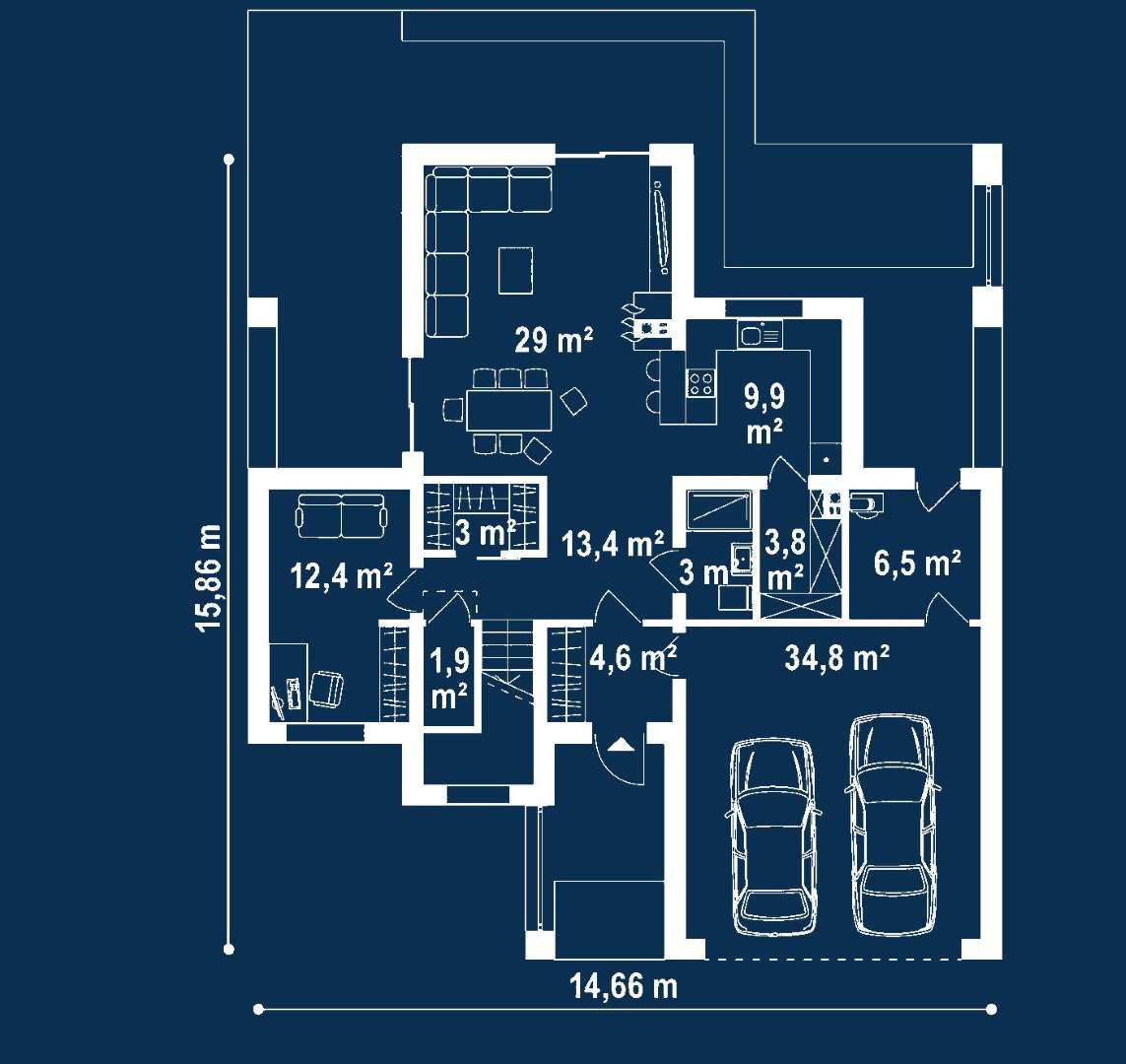 Plan parter Casă cu etaj 135 mp utili, un dormitor, 2 băi