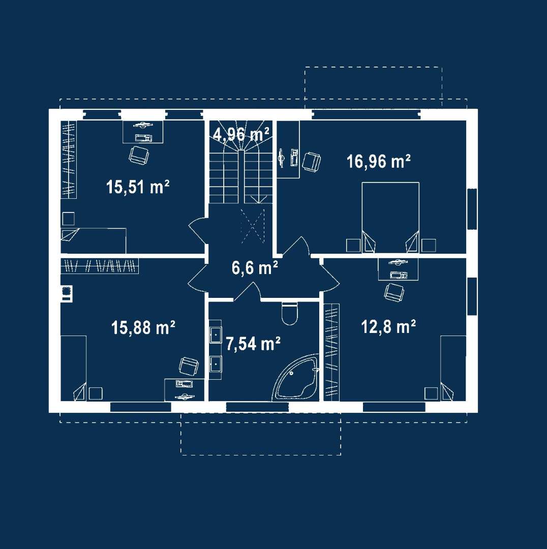 Plan etaj Casă cu etaj 144 mp utili, un dormitor, 2 băi