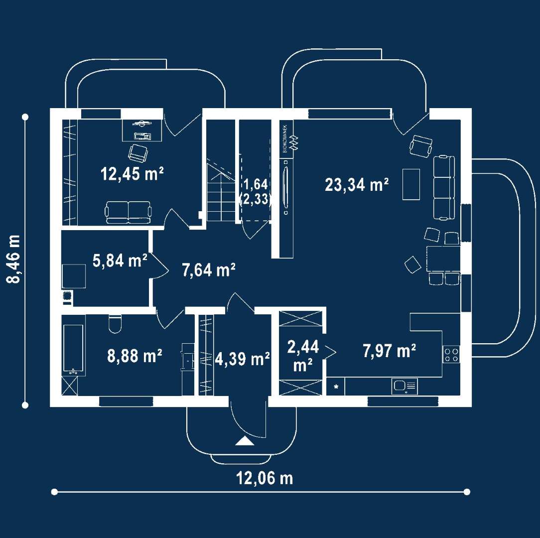 Plan parter Casă cu etaj 144 mp utili, un dormitor, 2 băi