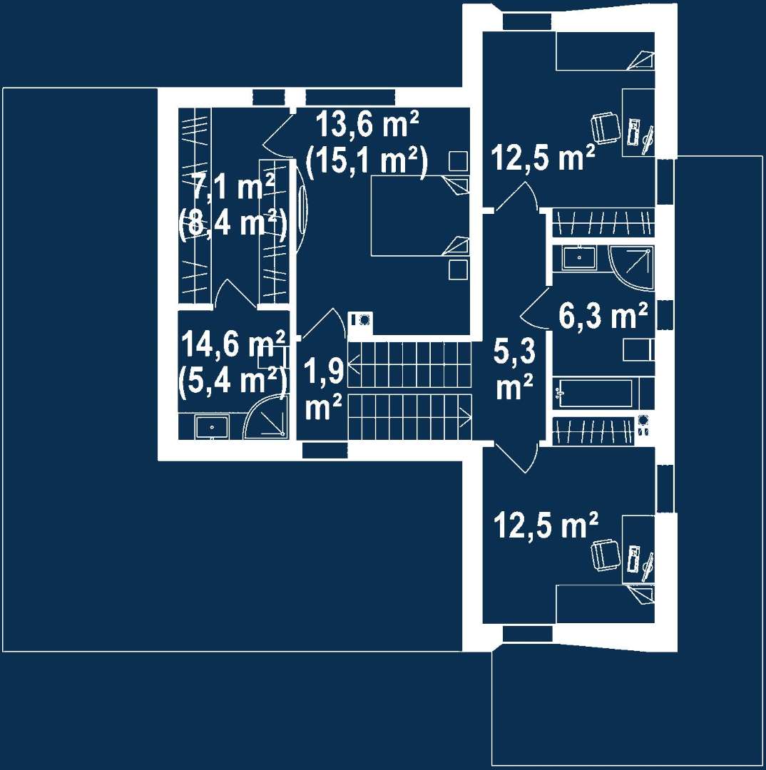 Plan etaj Casă cu etaj 131 mp utili, un dormitor, 3 băi