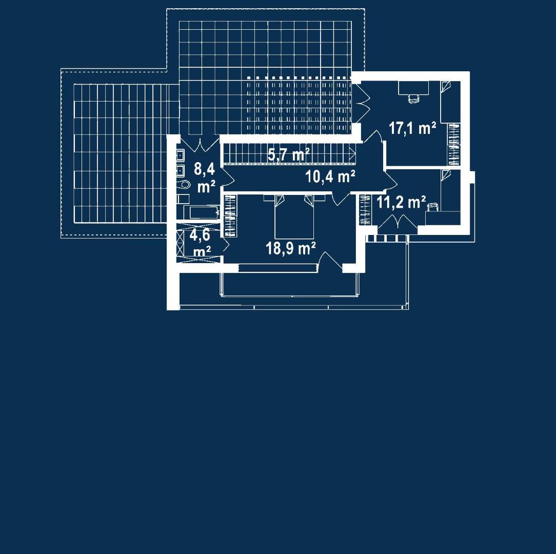 Plan etaj Casă cu etaj 152 mp utili, un dormitor, 3 băi