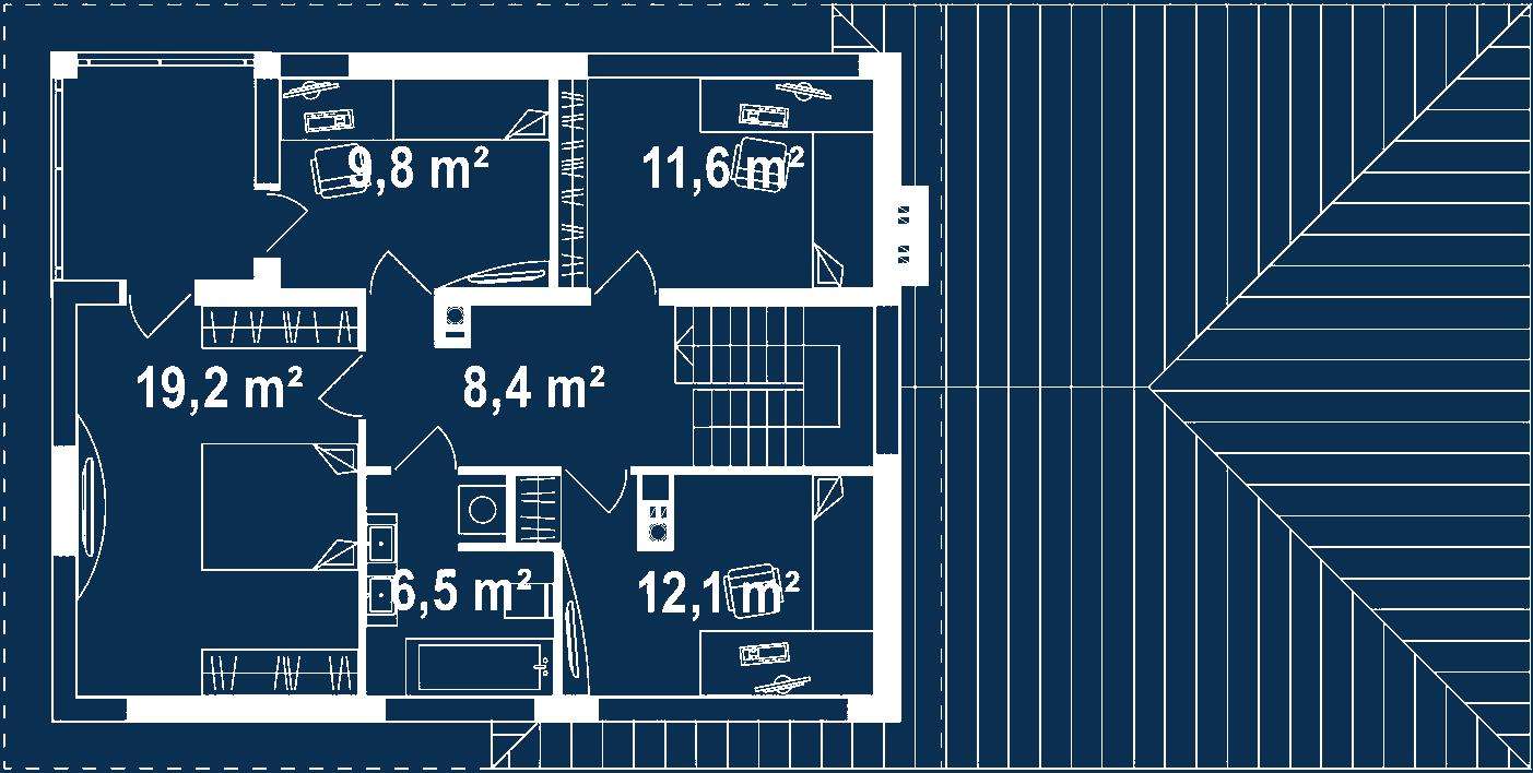Plan etaj Casă cu etaj 140 mp utili, un dormitor, o baie