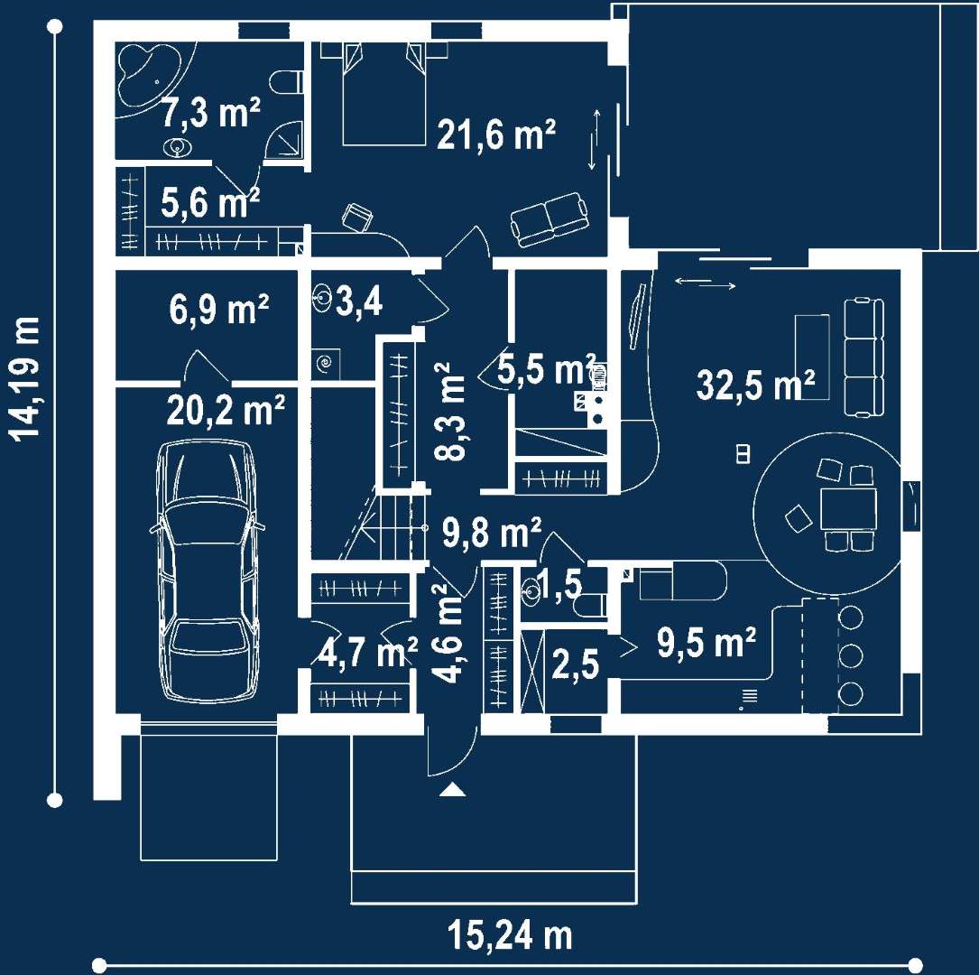 Plan parter Casă cu etaj 184 mp utili, un dormitor, 2 băi
