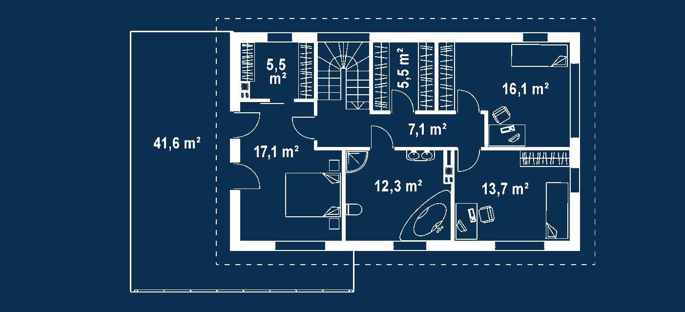Plan etaj Casă cu etaj 162 mp utili, un dormitor, o baie