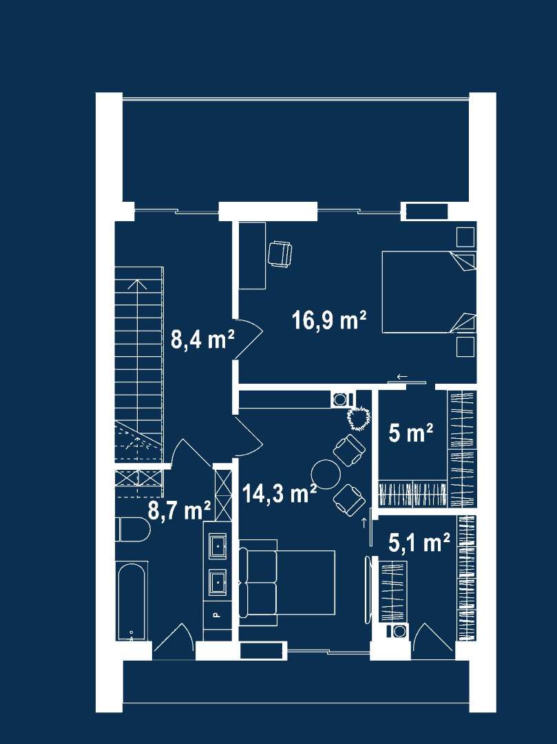 Plan etaj Casă cu etaj 112 mp utili, un dormitor, 2 băi