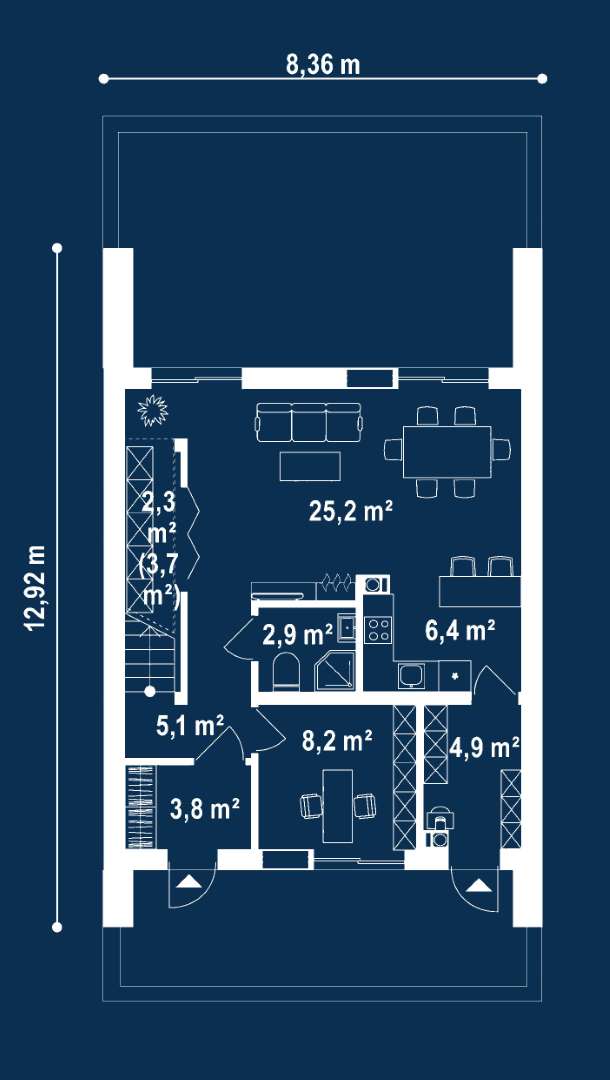 Plan parter Casă cu etaj 112 mp utili, un dormitor, 2 băi
