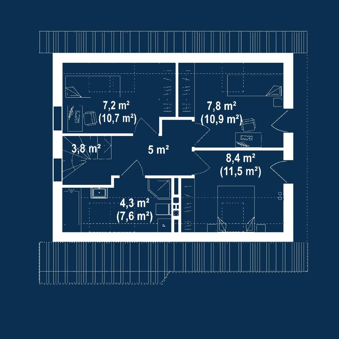 Plan mansardă Casă cu mansardă 74 mp utili, un dormitor, 2 băi