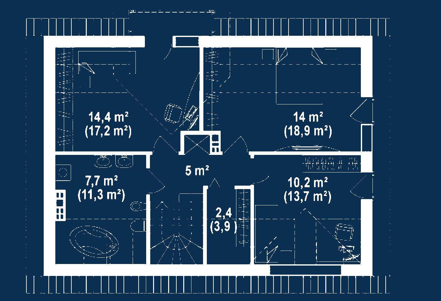 Plan mansardă Casă cu mansardă 122 mp utili, un dormitor, 2 băi
