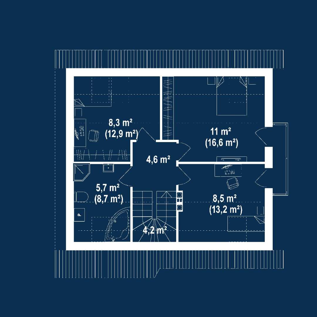 Plan mansardă Casă cu mansardă 93 mp utili, un dormitor, 2 băi
