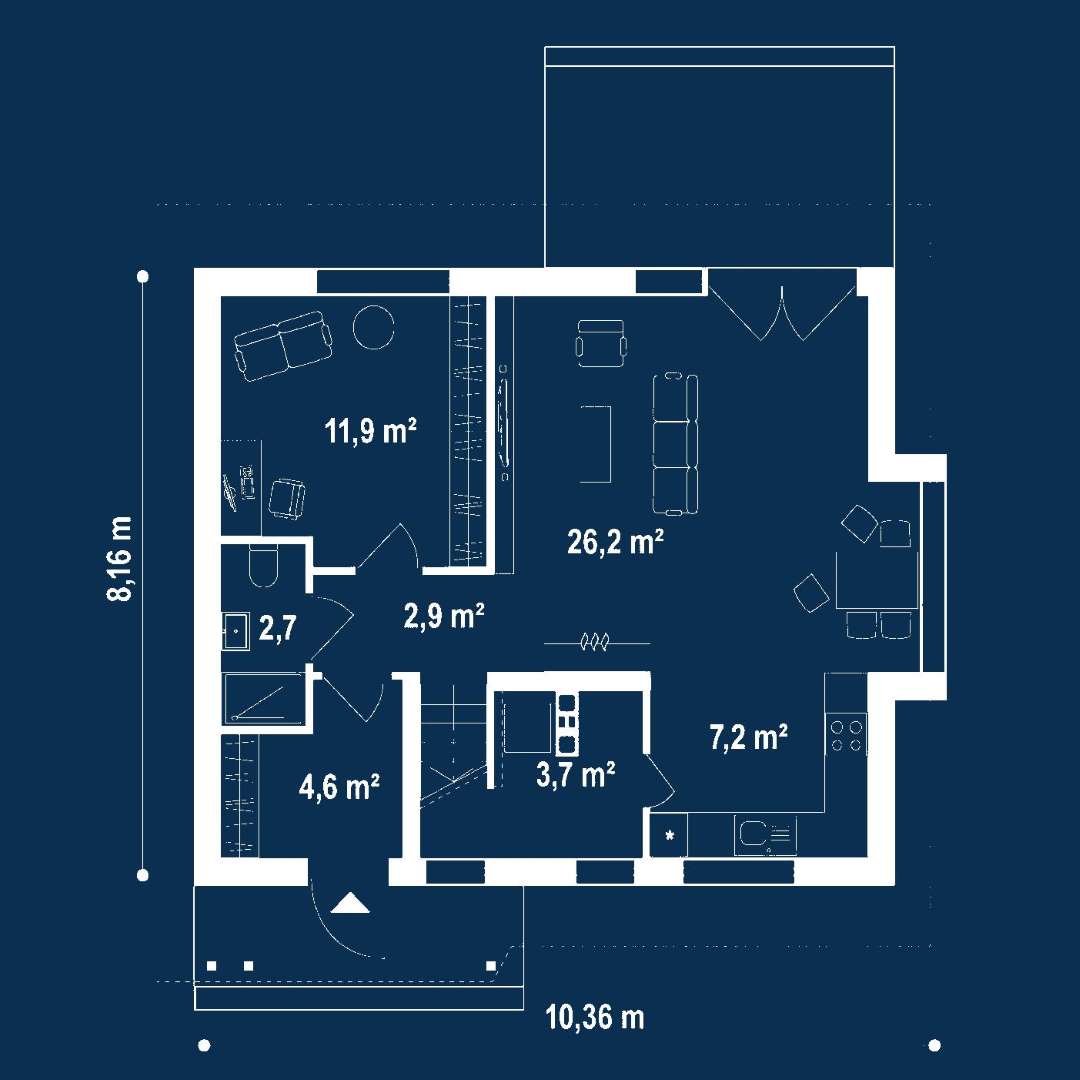 Plan parter Casă cu mansardă 93 mp utili, un dormitor, 2 băi