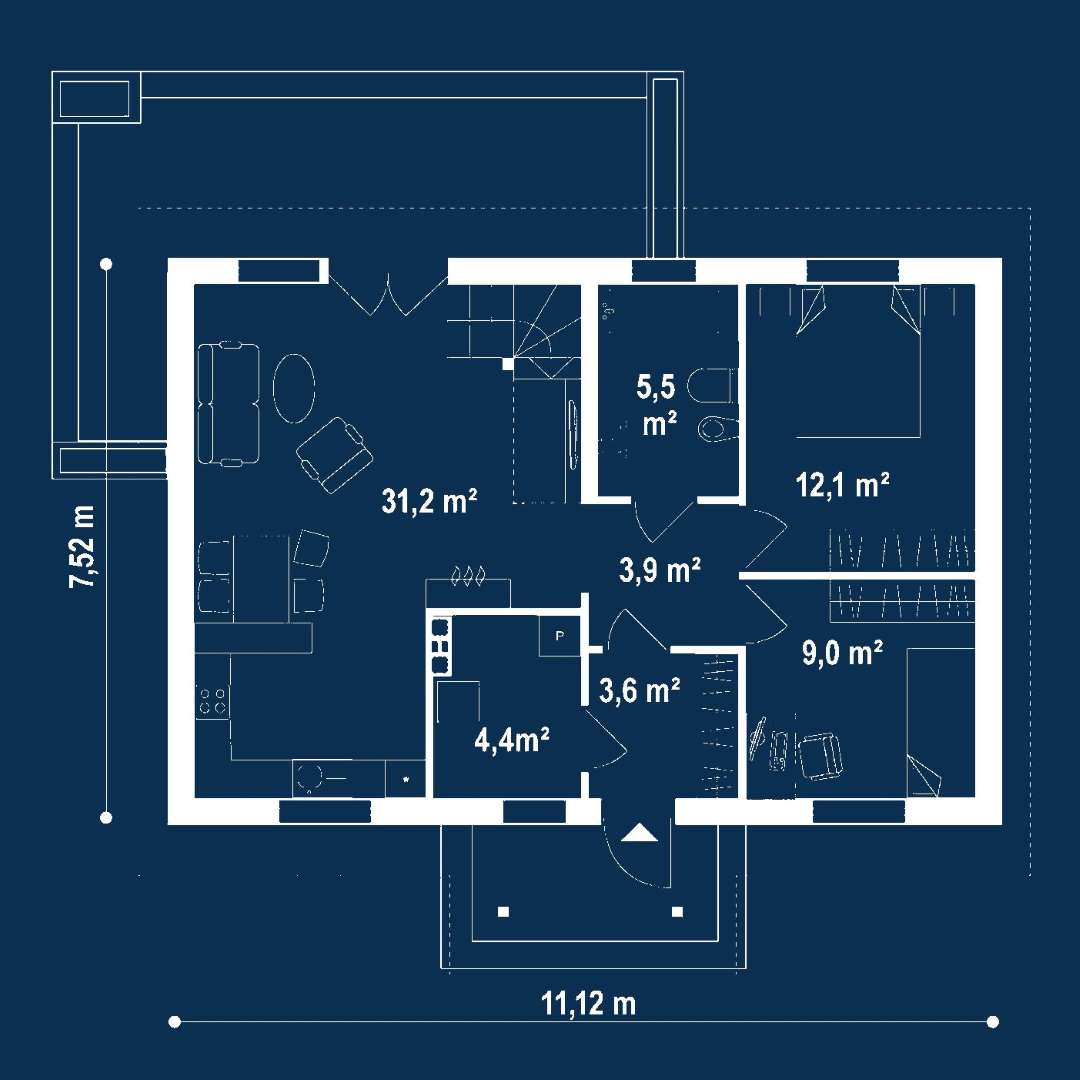 Plan parter Casă cu mansardă 99 mp utili, 2 dormitoare, o baie