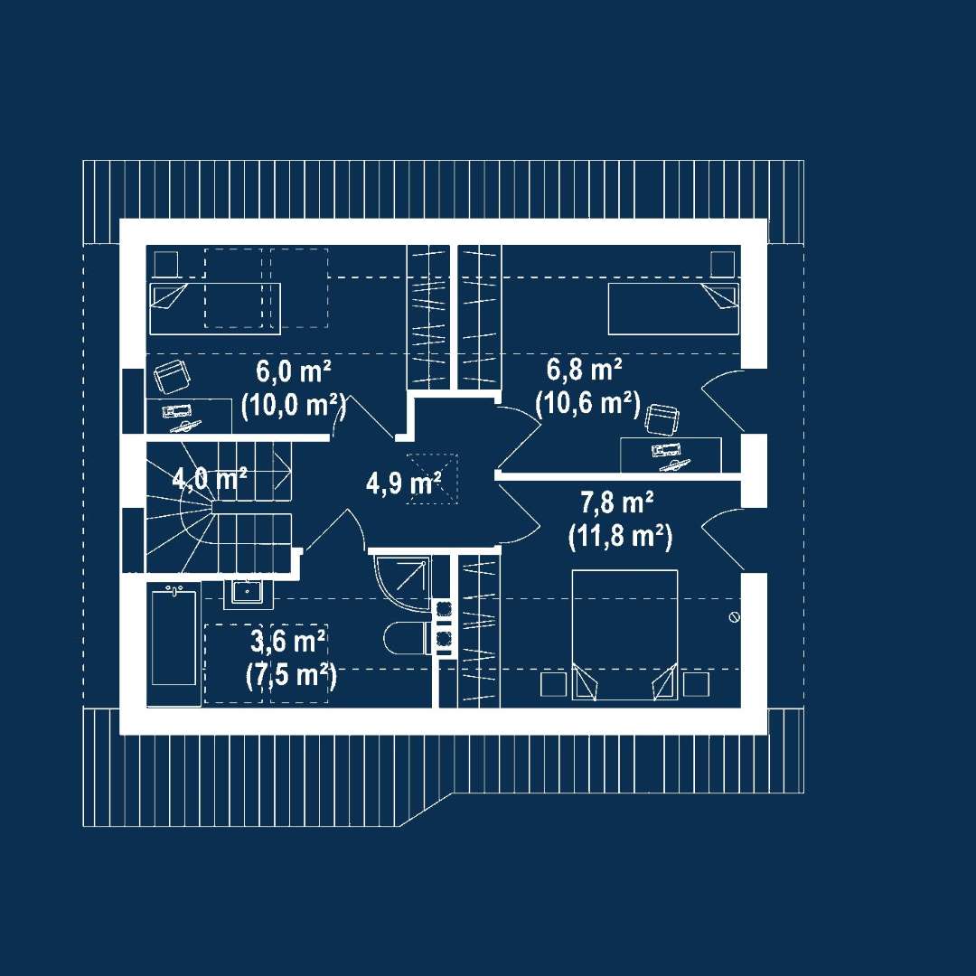 Plan mansardă Casă cu mansardă 69 mp utili, un dormitor, 2 băi