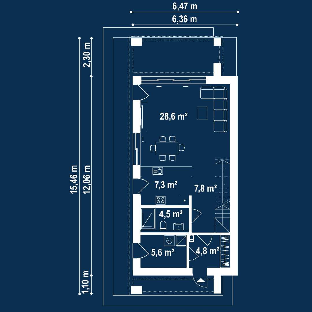 Plan parter Casă cu mansardă 100 mp utili, un dormitor, 2 băi