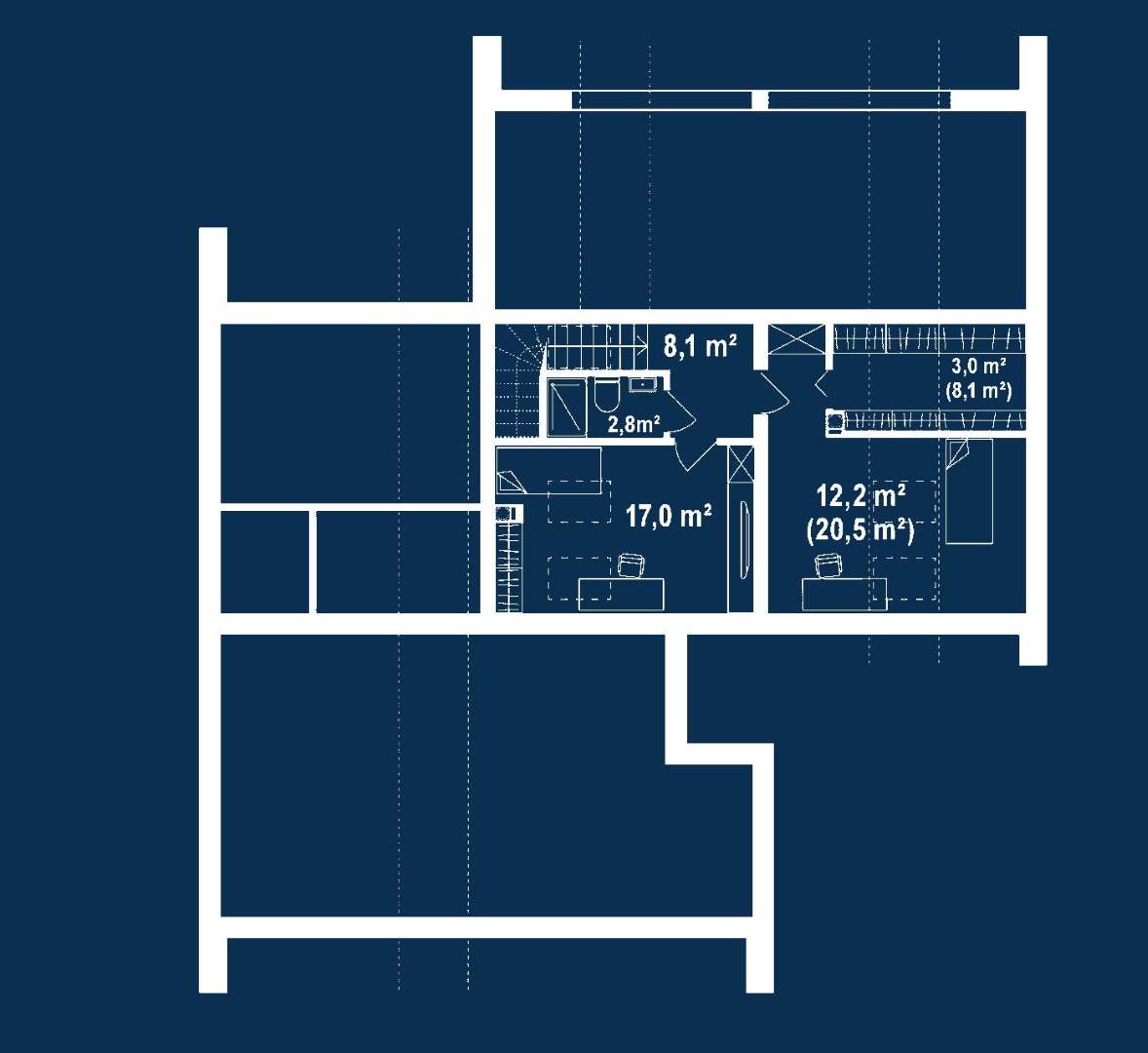 Plan mansardă Casă cu mansardă 157 mp utili, 2 dormitoare, 3 băi