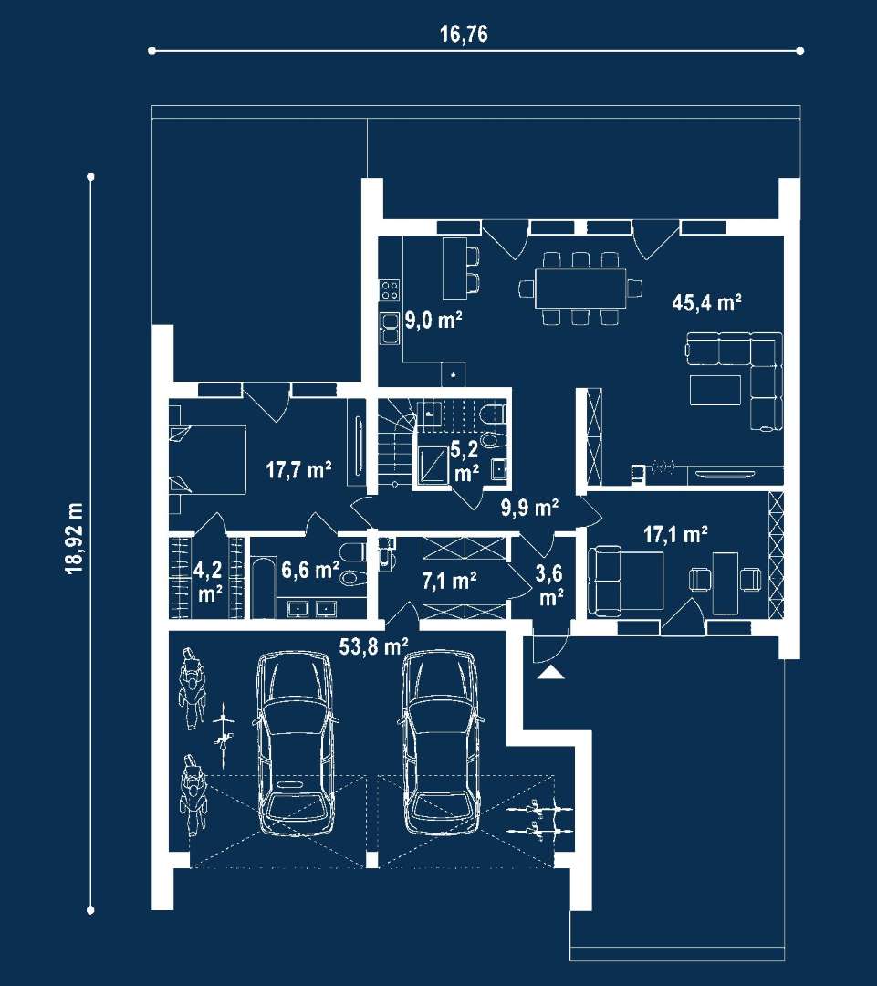 Plan parter Casă cu mansardă 157 mp utili, 2 dormitoare, 3 băi
