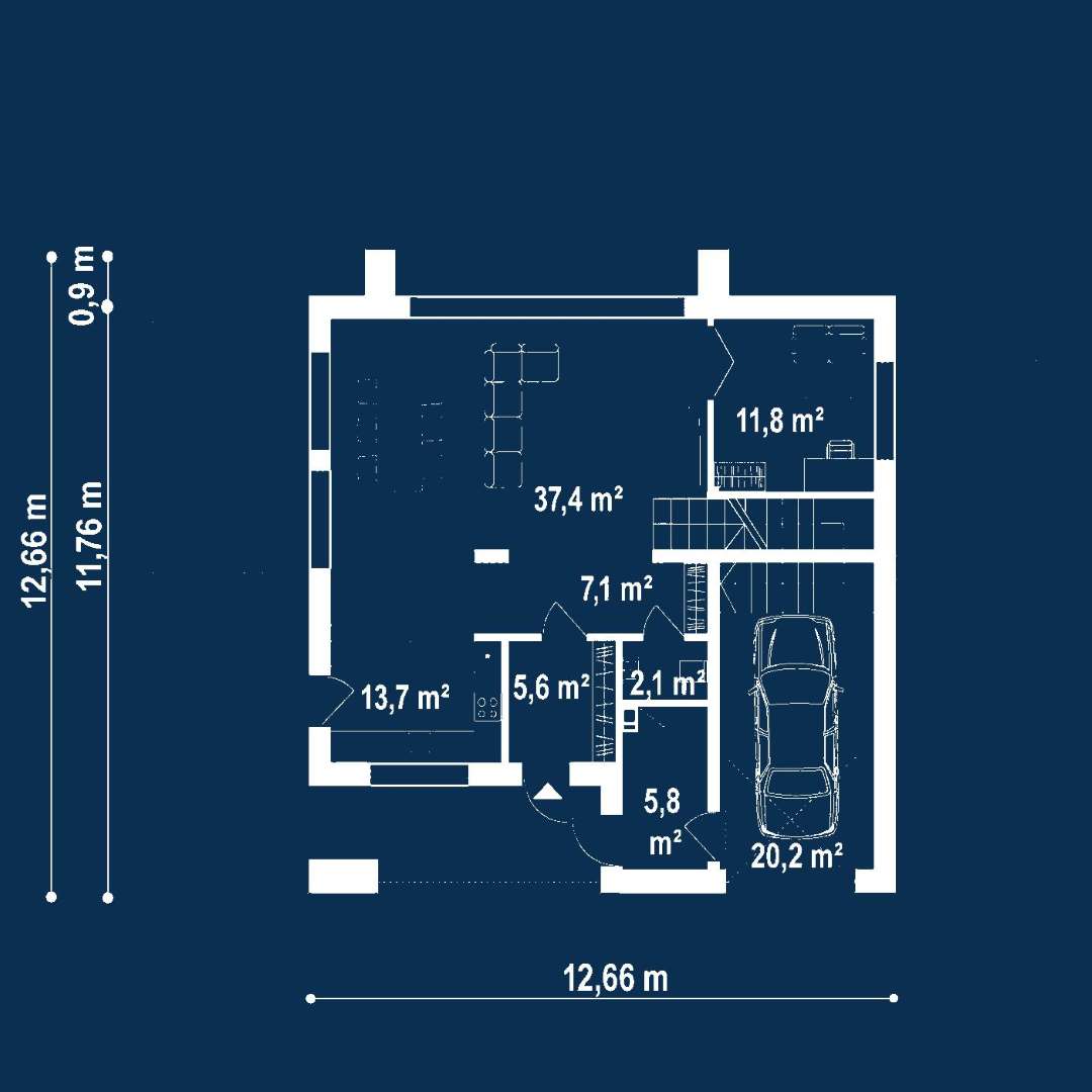 Plan parter Casă cu mansardă 142 mp utili, un dormitor, 2 băi