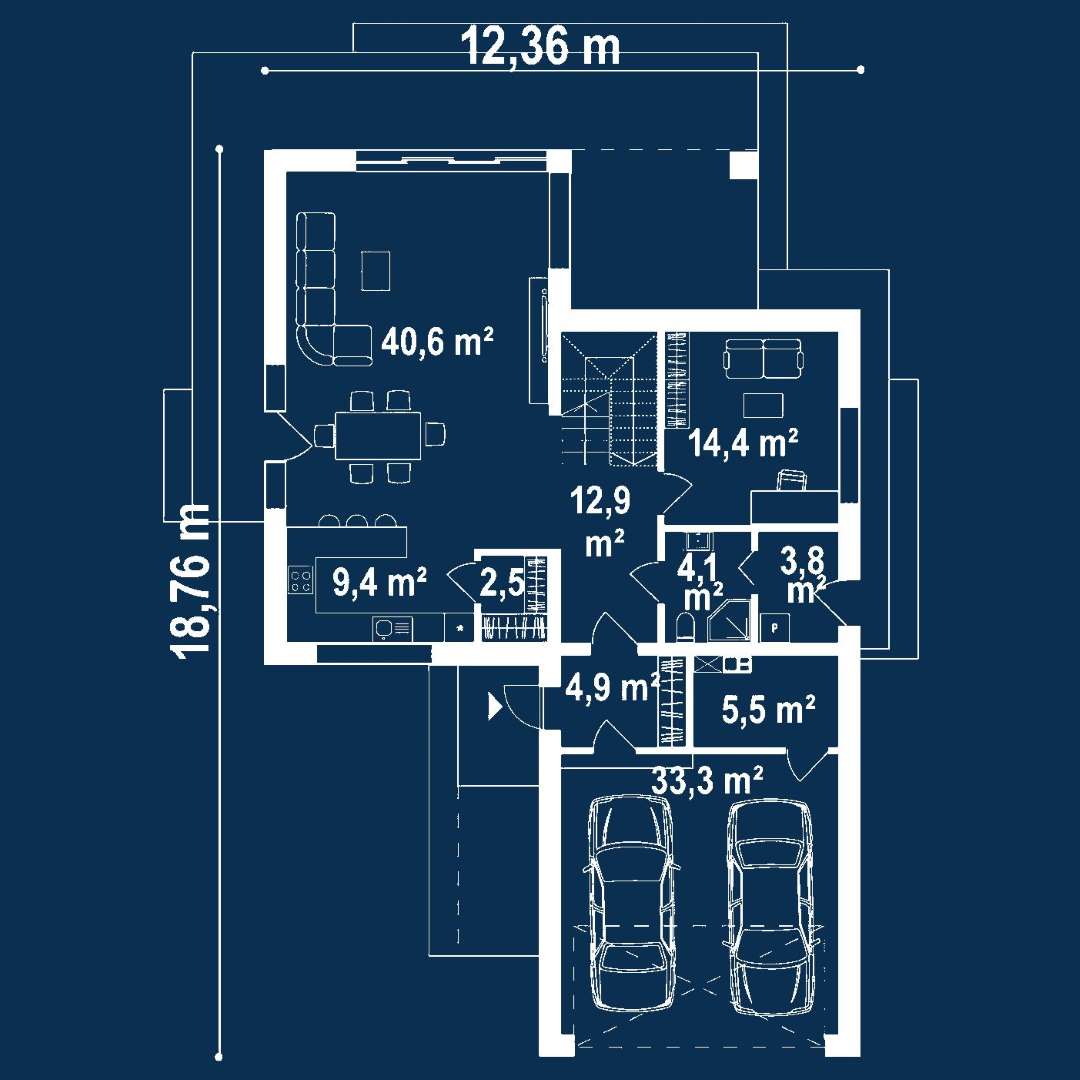 Plan parter Casă cu mansardă 143 mp utili, un dormitor, 2 băi