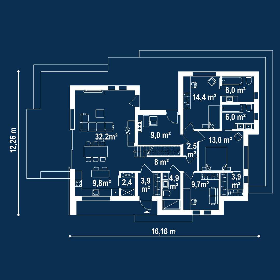 Plan parter Casă cu mansardă 154 mp utili, 2 dormitoare, 3 băi