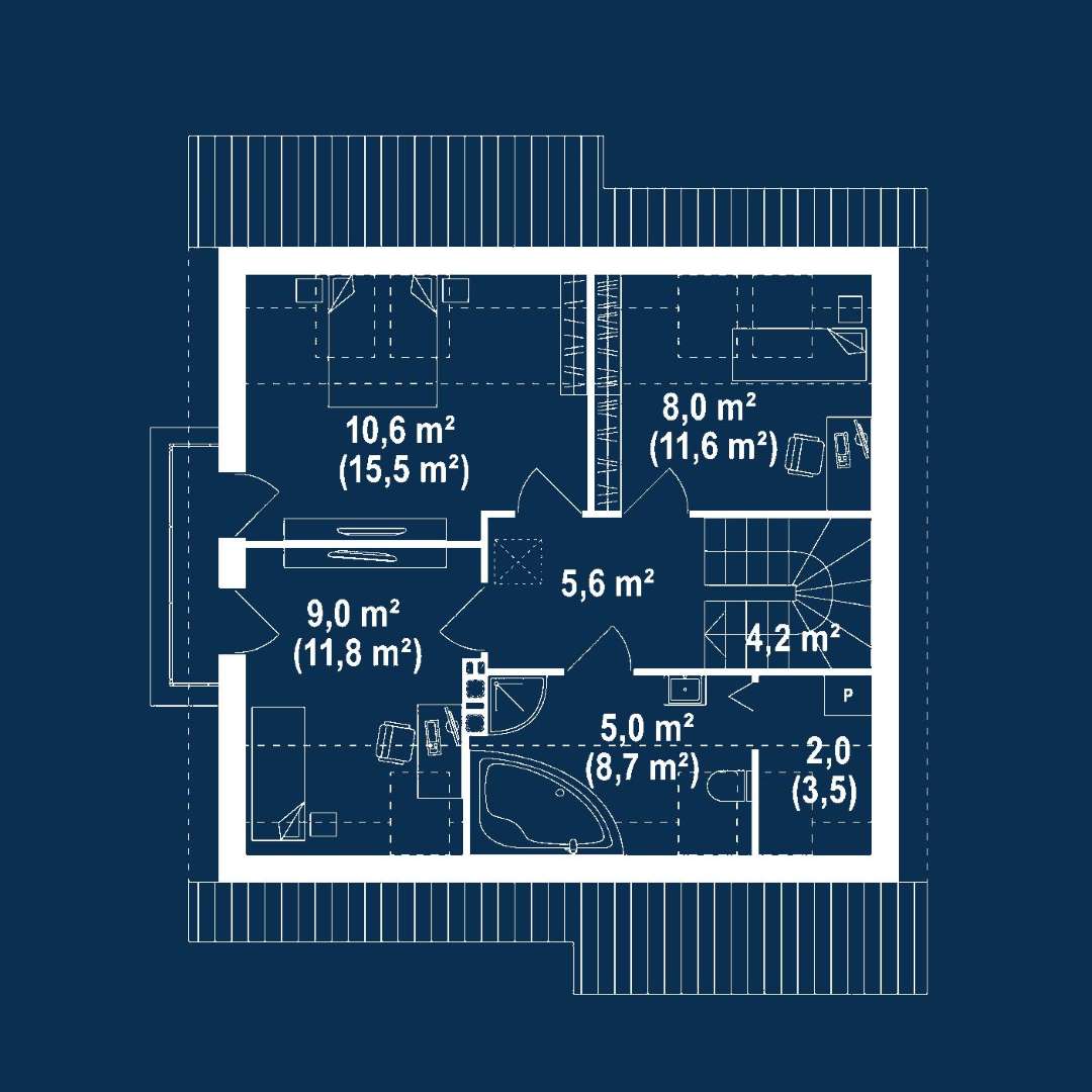 Plan mansardă Casă cu mansardă 100 mp utili, un dormitor, 2 băi