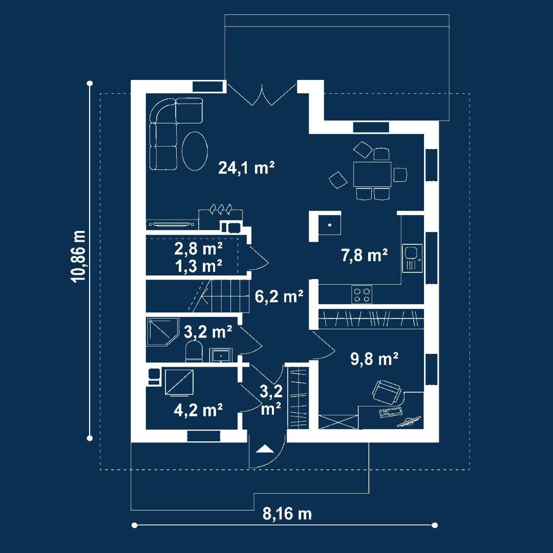 Plan parter Casă cu mansardă 97 mp utili, un dormitor, 2 băi