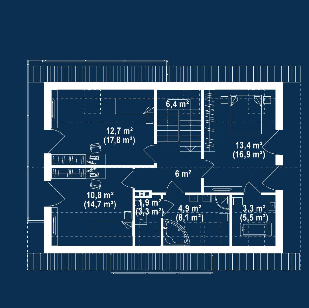 Plan mansardă Casă cu mansardă 120 mp utili, un dormitor, 3 băi