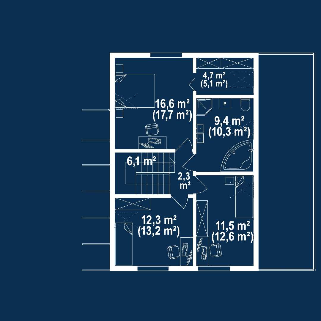 Plan mansardă Casă cu mansardă 119 mp utili, un dormitor, o baie