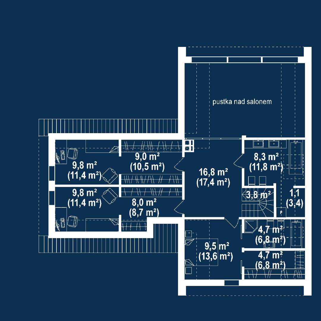 Plan mansardă Casă cu mansardă 177 mp utili, un dormitor, 3 băi