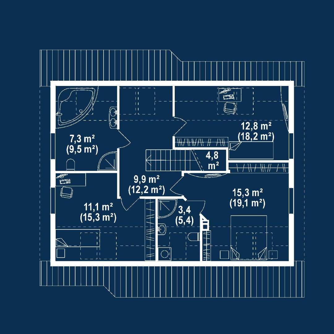 Plan mansardă Casă cu mansardă 132 mp utili, un dormitor, 2 băi