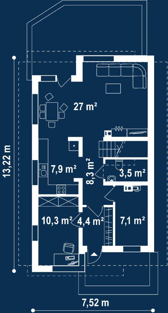 Plan parter Casă cu mansardă 97 mp utili, un dormitor, 2 băi