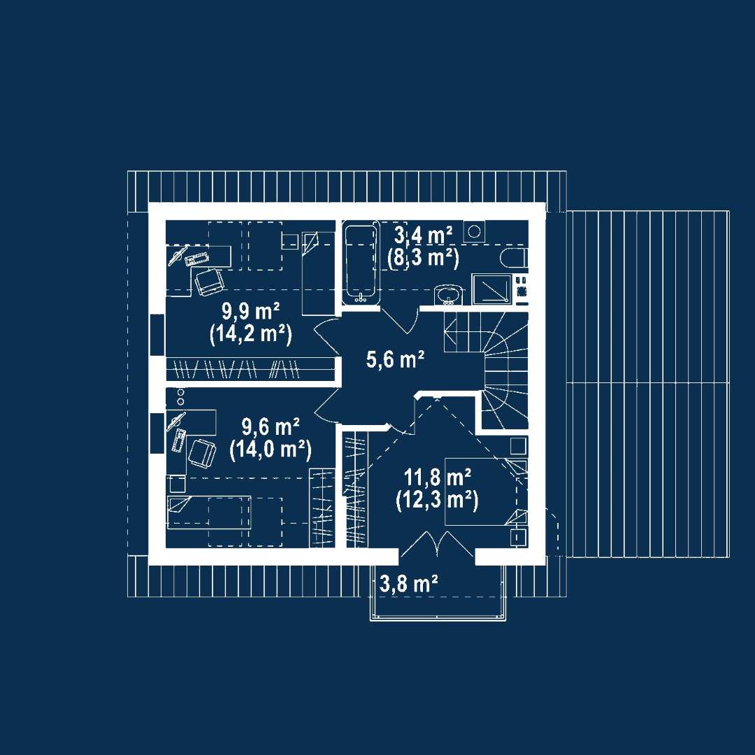 Plan mansardă Casă cu mansardă 90 mp utili, un dormitor, 2 băi