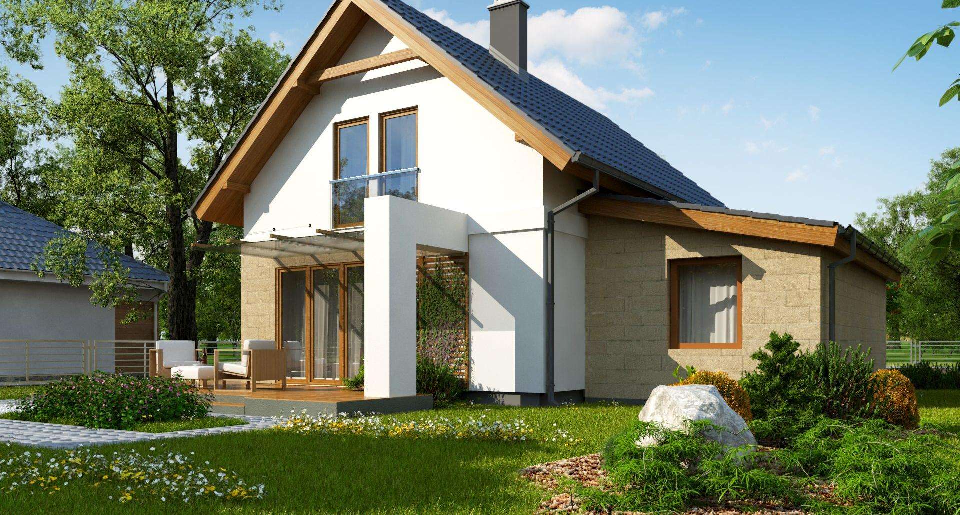 Fatada Casă cu mansardă 83 mp utili, un dormitor, 2 băi