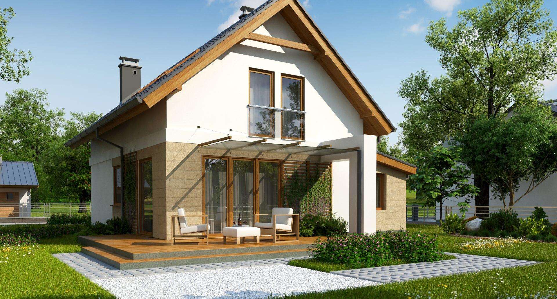 Fatada Casă cu mansardă 83 mp utili, un dormitor, 2 băi