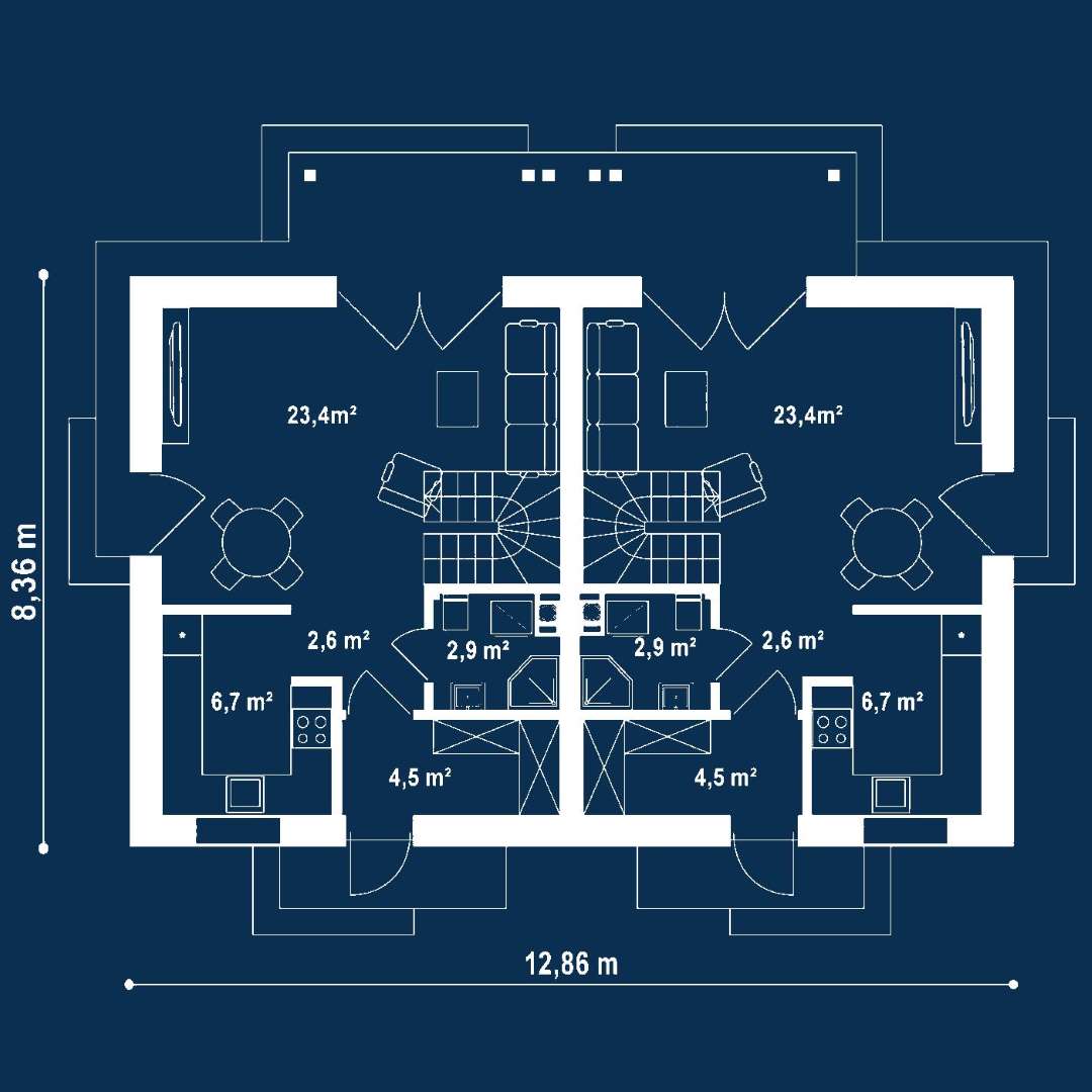 Plan parter Casă cu mansardă 134 mp utili, un dormitor, 4 băi