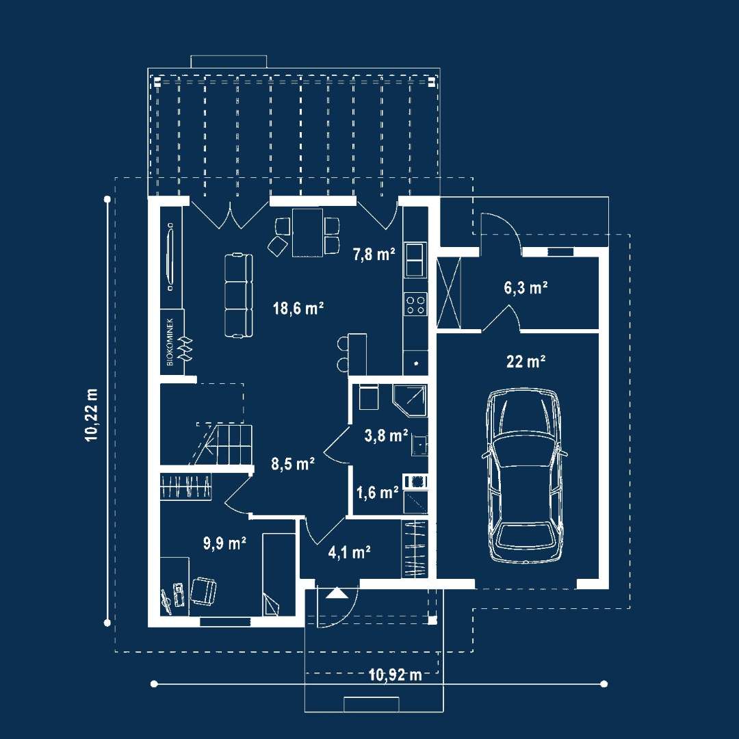 Plan parter Casă cu mansardă 100 mp utili, un dormitor, 2 băi