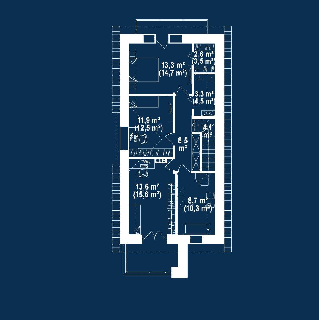 Plan mansardă Casă cu mansardă 118 mp utili, un dormitor, o baie