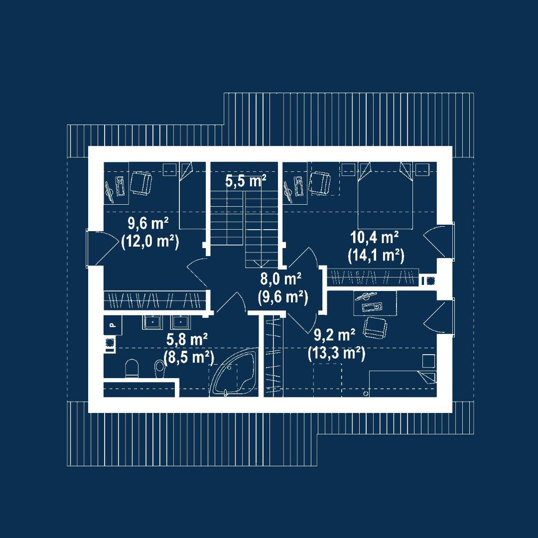 Plan mansardă Casă cu mansardă 88 mp utili, un dormitor, 2 băi