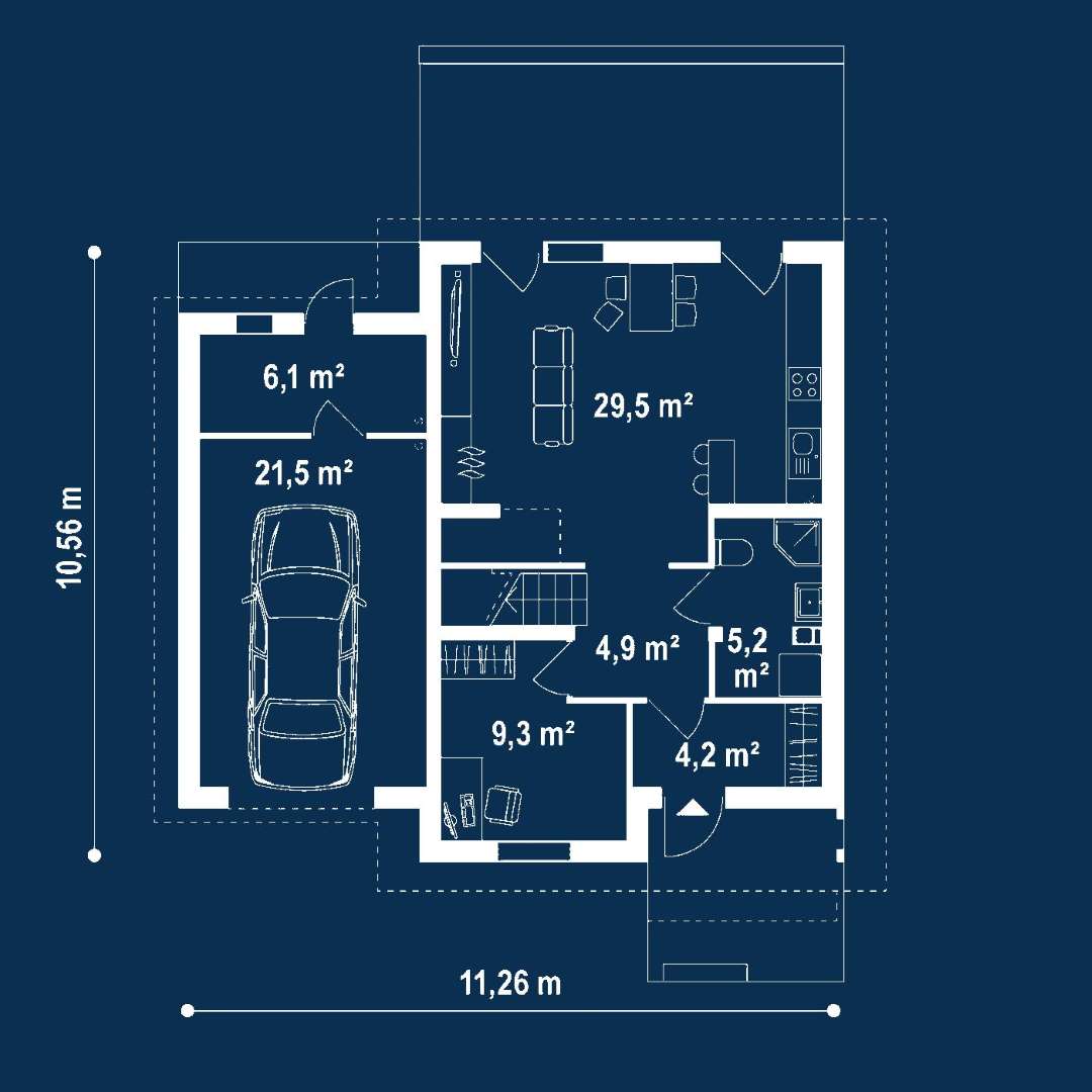 Plan parter Casă cu mansardă 100 mp utili, un dormitor, 2 băi