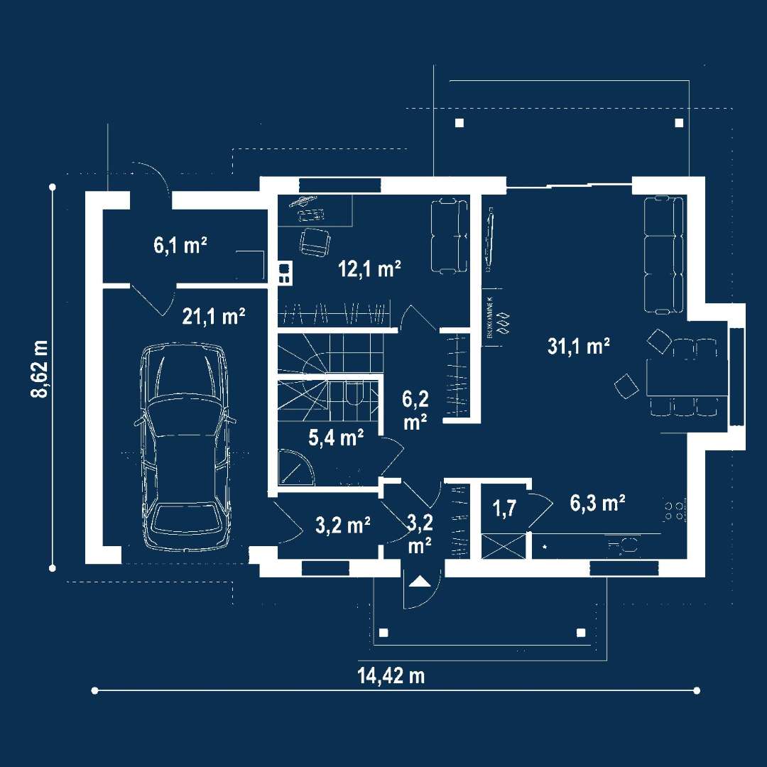 Plan parter Casă cu mansardă 116 mp utili, un dormitor, 2 băi