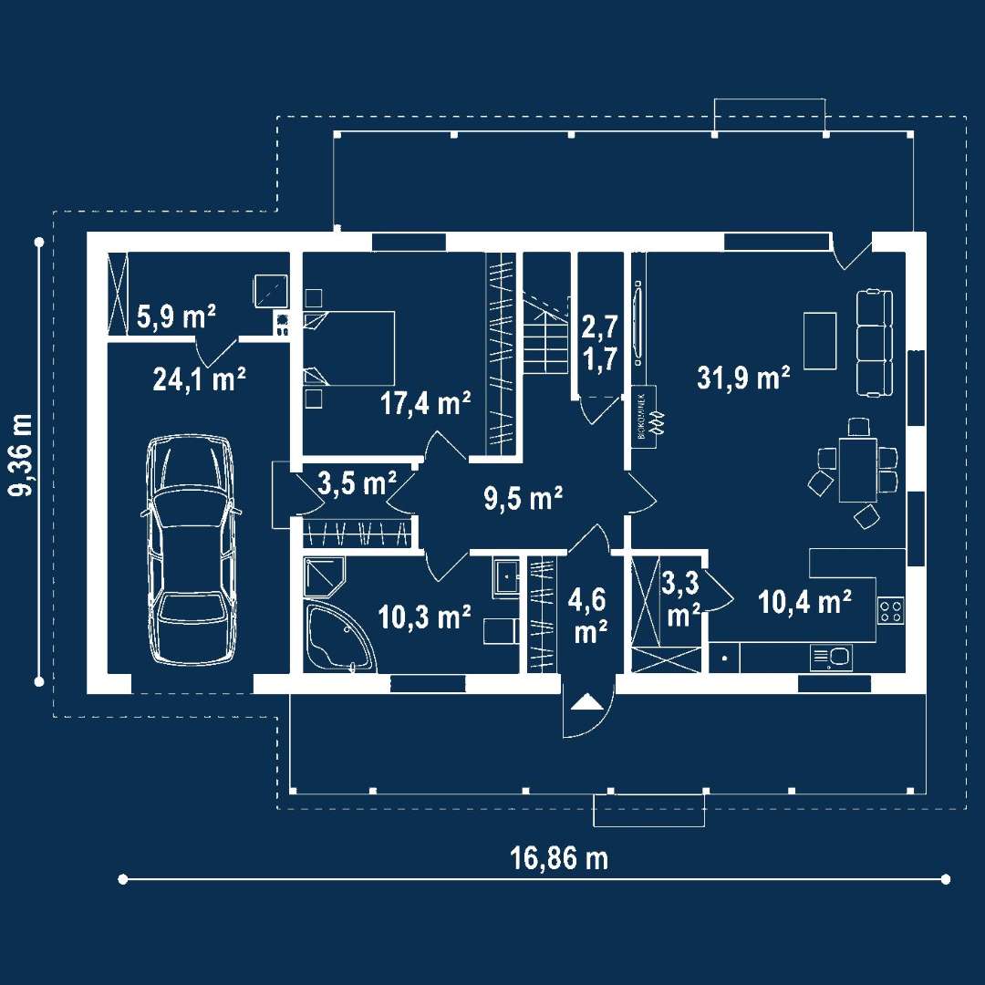 Plan parter Casă cu mansardă 169 mp utili, un dormitor, 2 băi