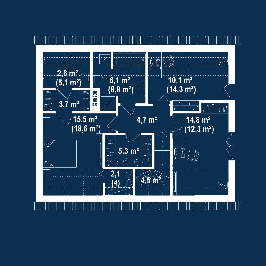 Plan mansardă Casă cu mansardă 114 mp utili, un dormitor, 2 băi