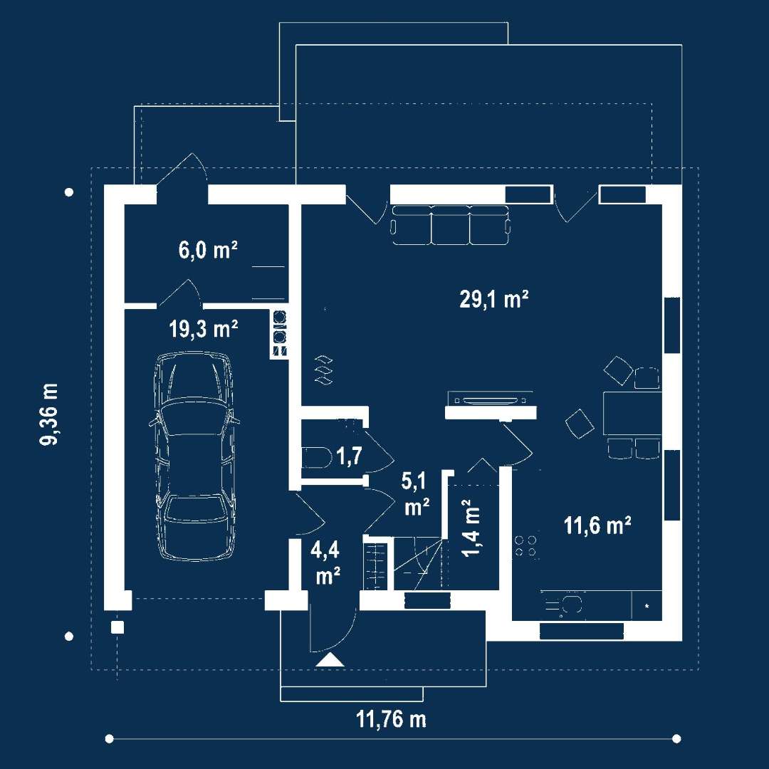 Plan parter Casă cu mansardă 114 mp utili, un dormitor, 2 băi