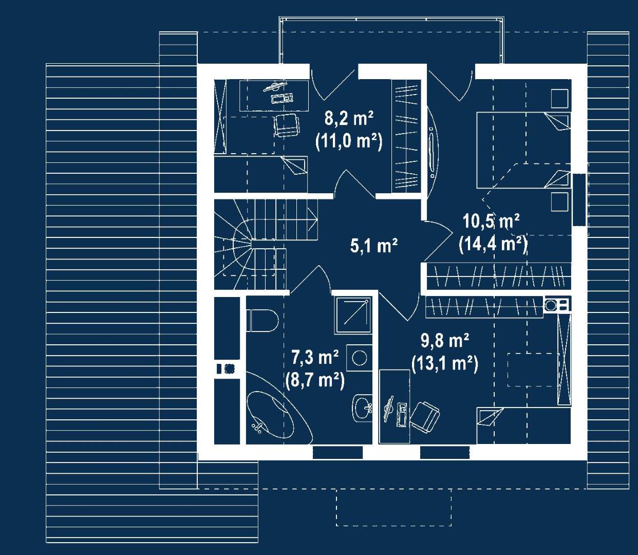 Plan mansardă Casă cu mansardă 92 mp utili, un dormitor, 2 băi